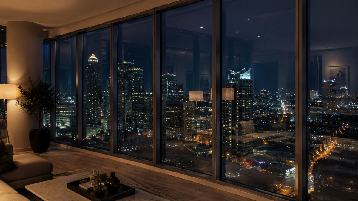 Can You See Through Windows Films at Night? 16 City skyline visible through solar window film from a high-rise apartment at night