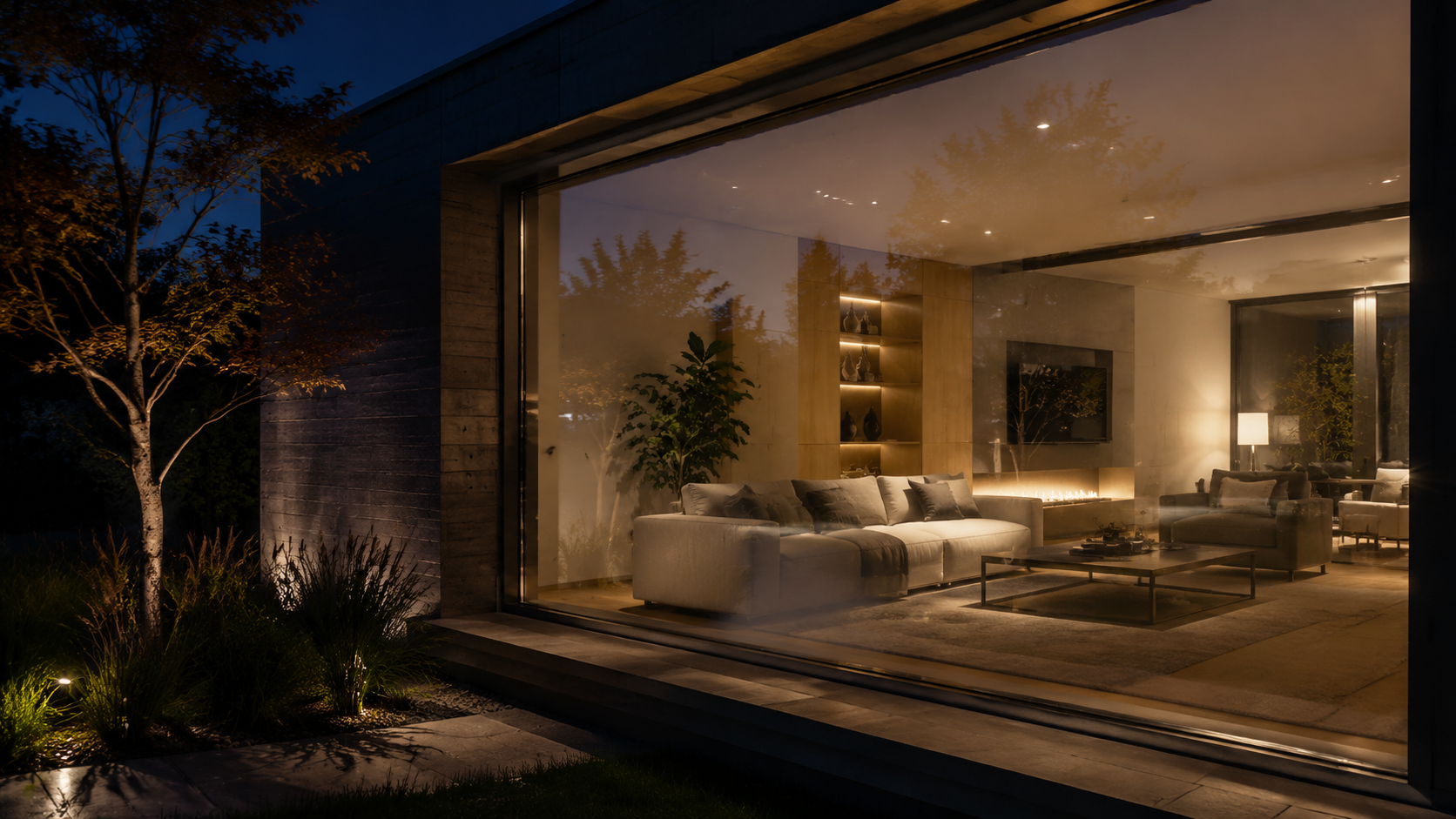 Window film showing a brightly lit home interior through reflective glass at night