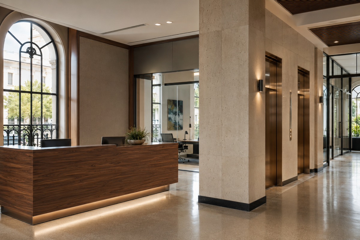 Architectural resurfacing in a renovated New Orleans commercial office lobby
