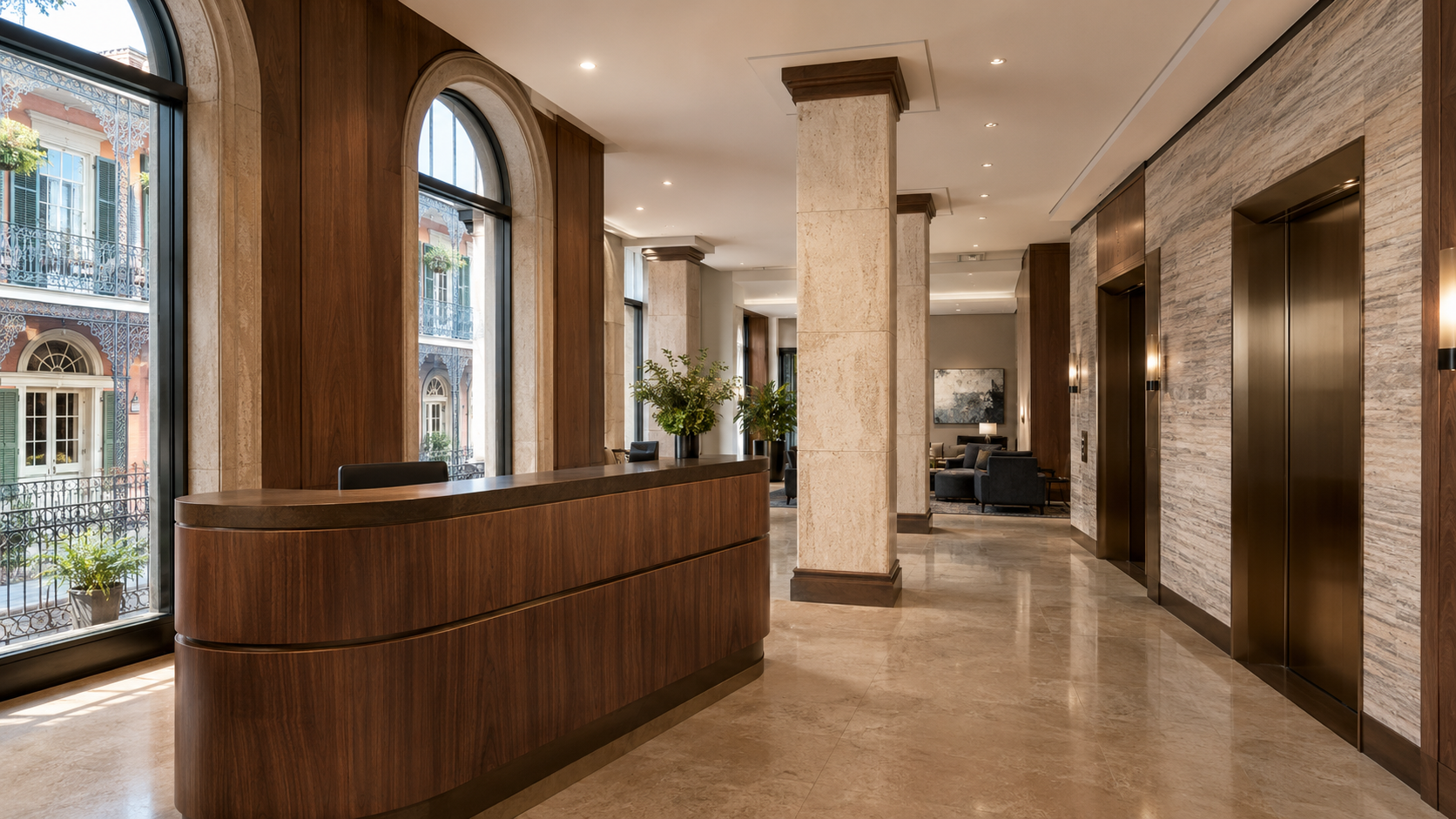 Architectural resurfacing in a renovated New Orleans office lobby.