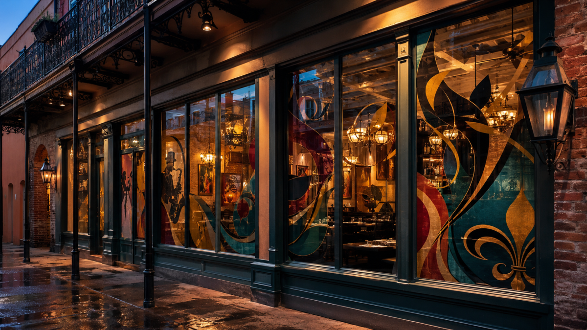 Custom graphic window film decorating a New Orleans restaurant and entertainment venue.