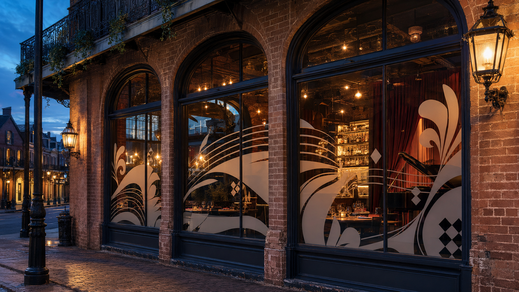 Custom graphic window film on a New Orleans entertainment venue.