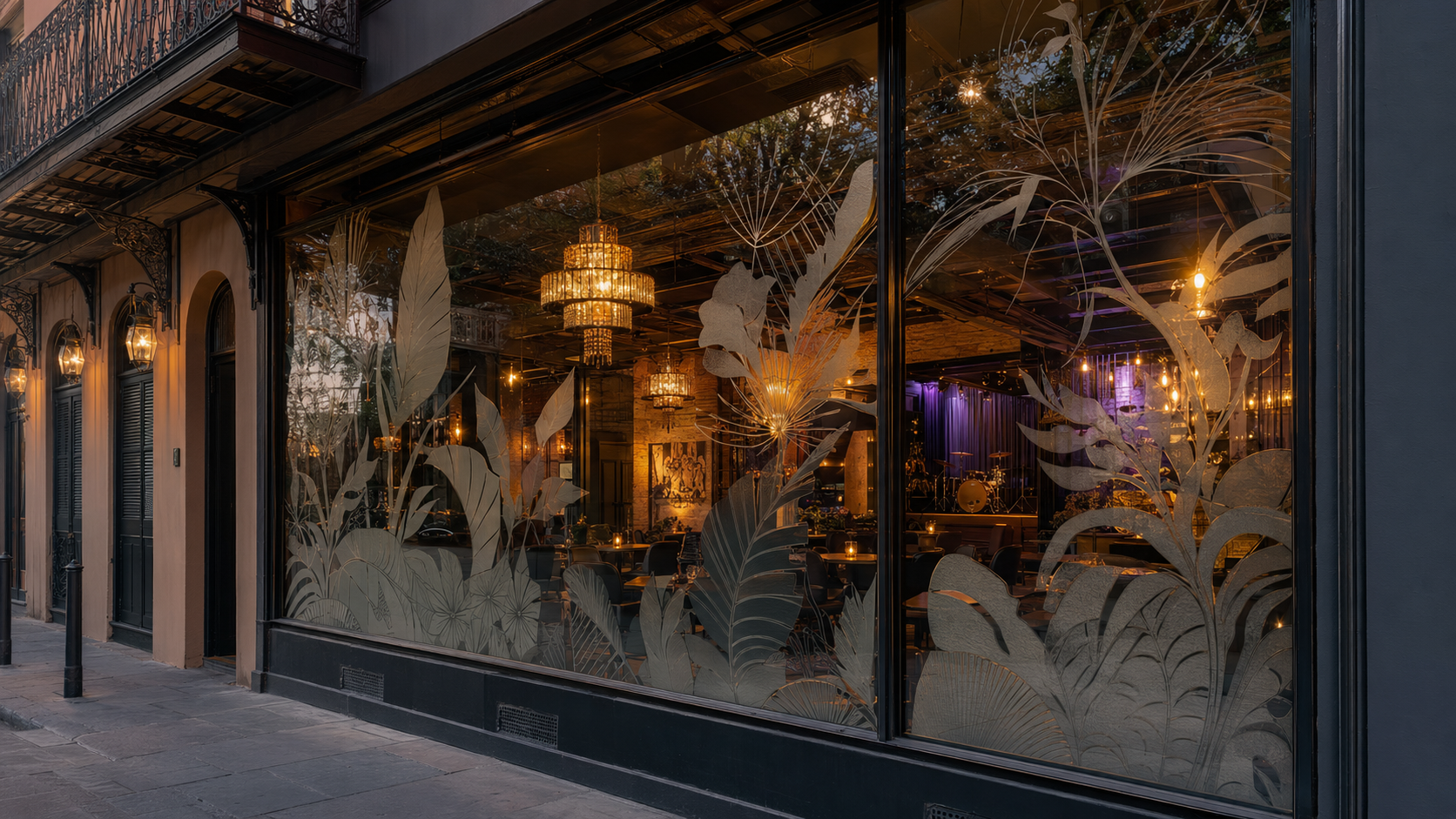 Custom graphic window film on a New Orleans restaurant and entertainment venue