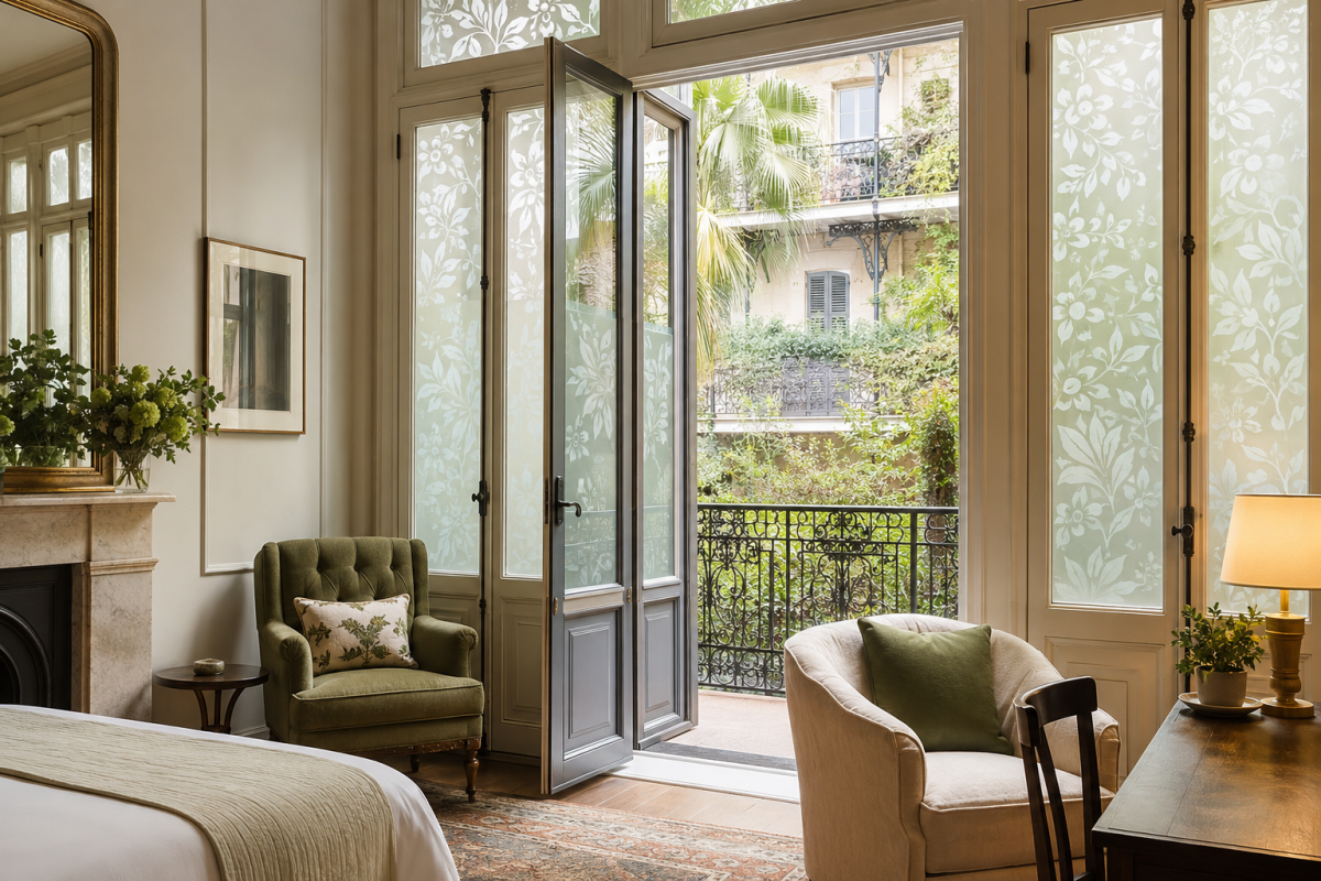 Decorative botanical window film adding privacy to a New Orleans boutique hotel room
