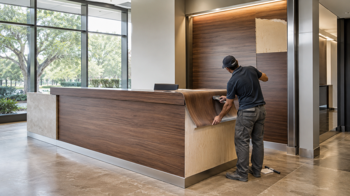 Architectural resurfacing film applied to a commercial building reception desk in Baton Rouge