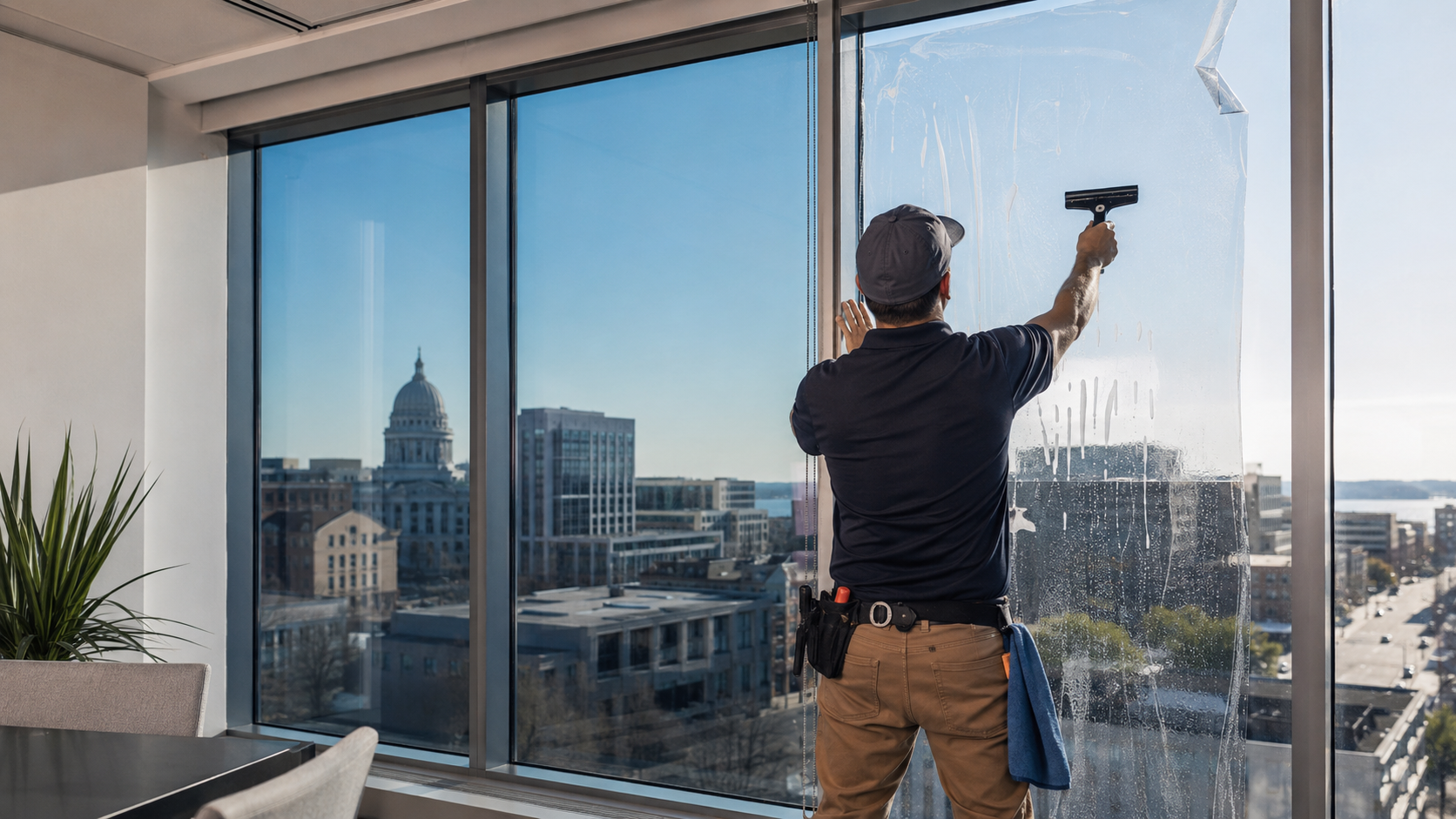 Commercial window tint installer applying solar control film to office windows overlooking downtown Madison, Wisconsin
