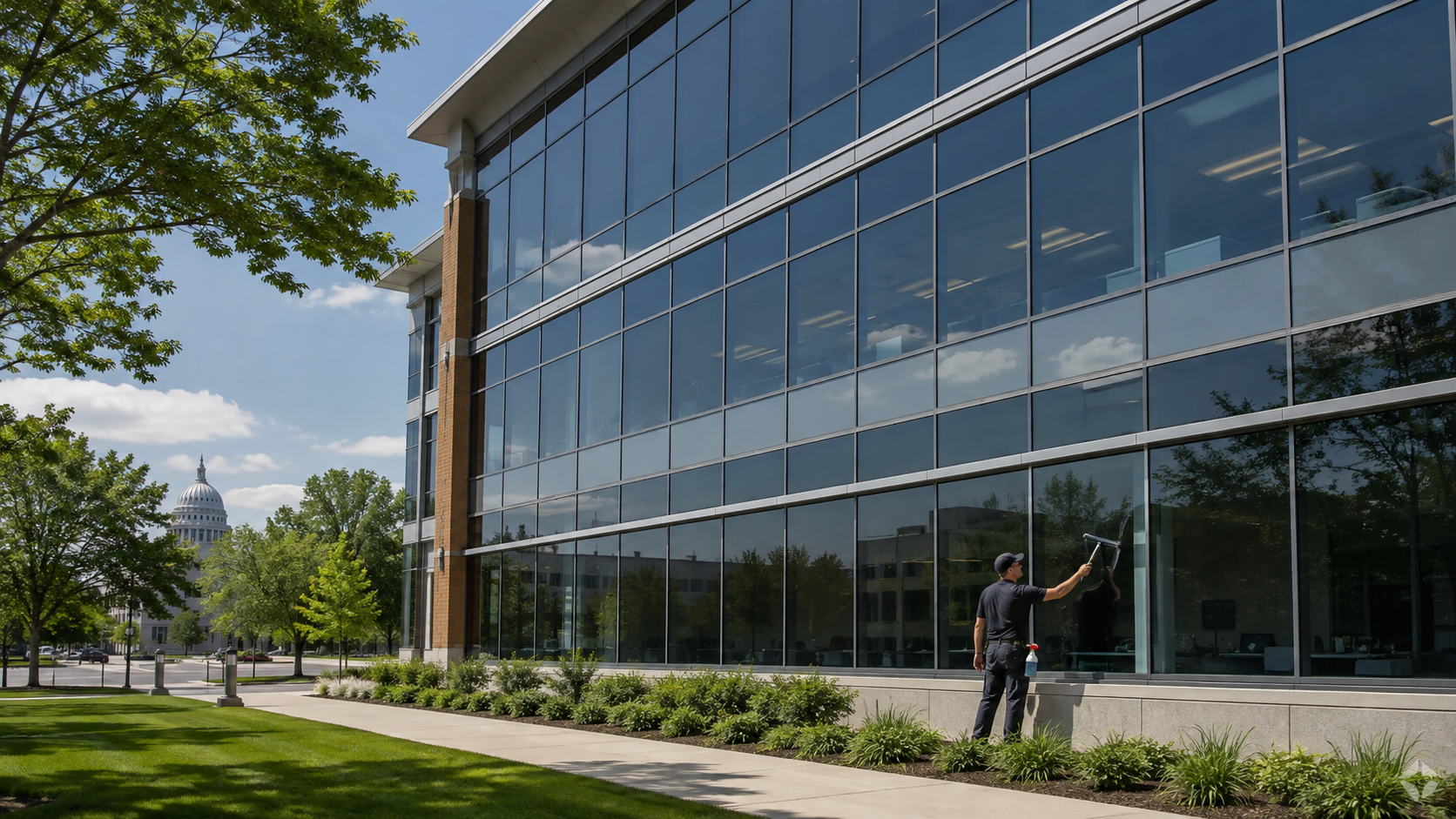 Commercial window tinting installation on a modern office building in Madison, Wisconsin.