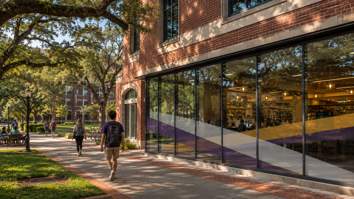 Custom graphic window film on an LSU-area campus storefront with students and university buildings nearby.