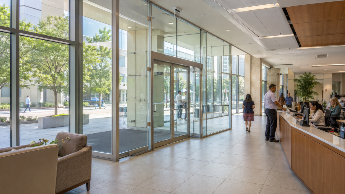 Government employees working inside a public service facility protected by clear security window film