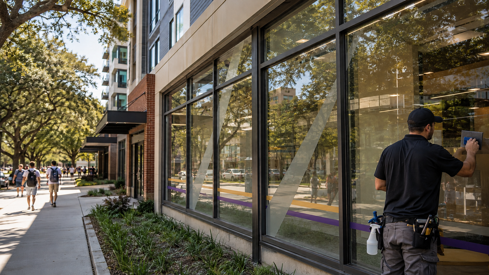 Installer applying simple custom graphic window film to an LSU-area campus storefront near student housing.