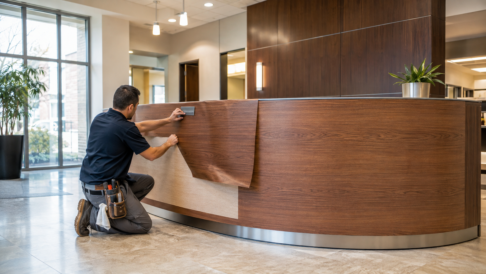 Installer applying wood-grain architectural resurfacing film to a Baton Rouge commercial building reception desk