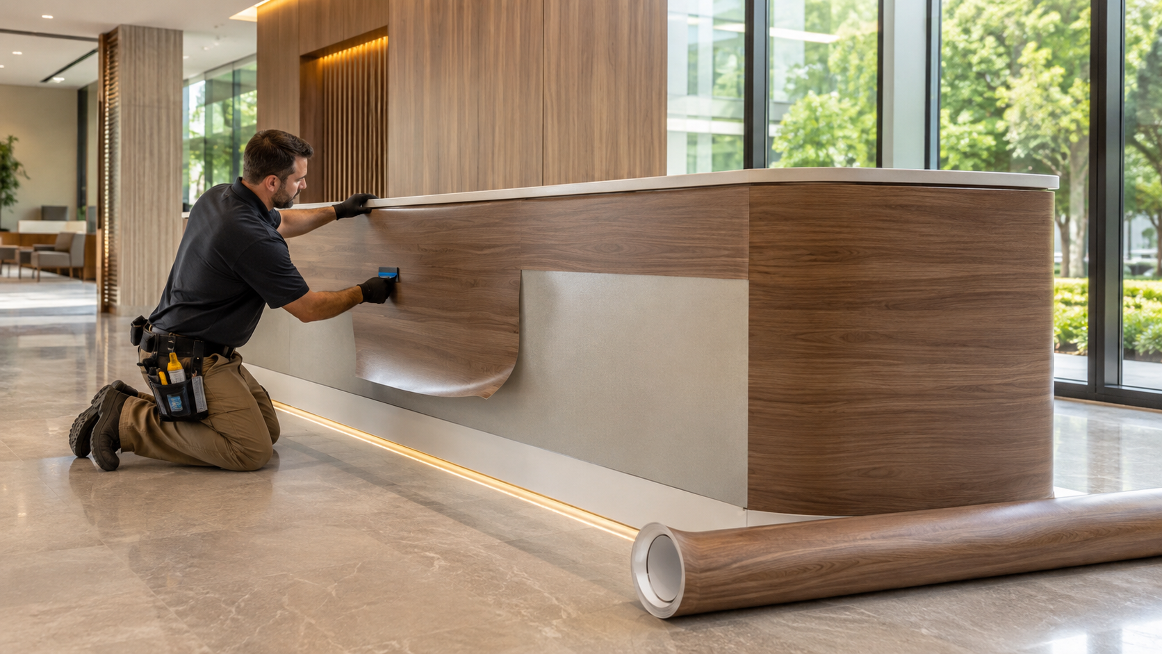 Installer applying wood-grain architectural resurfacing film to a commercial reception desk in Baton Rouge