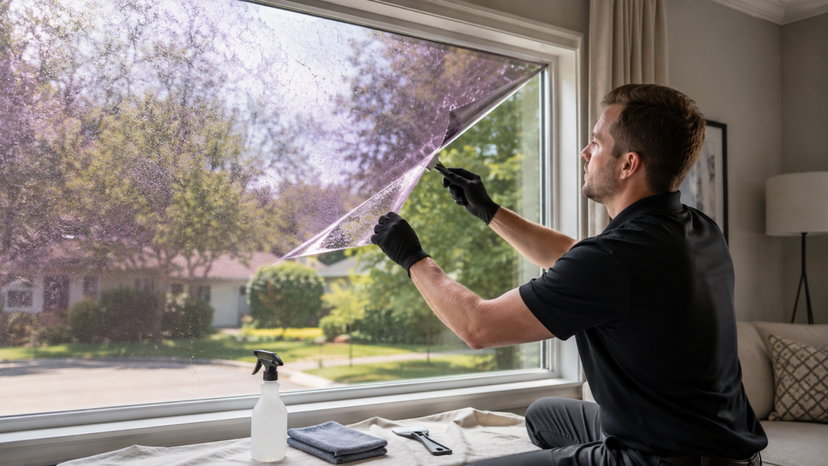Professional removing old, deteriorated window film from a residential window.