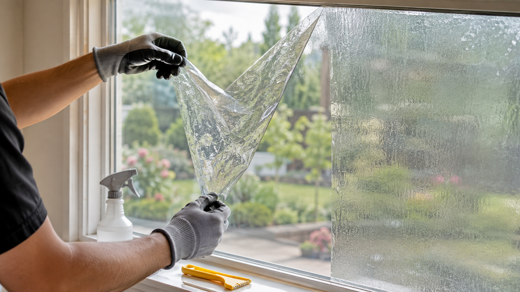 Professional removing old window film from a residential window