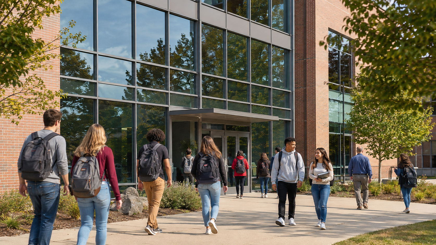 Students entering a Madison, WI school with security window film installed on large exterior glass windows.