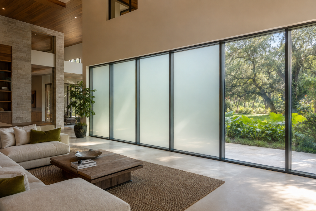 Switchable smart film installed on floor-to-ceiling windows in a Baton Rouge home.