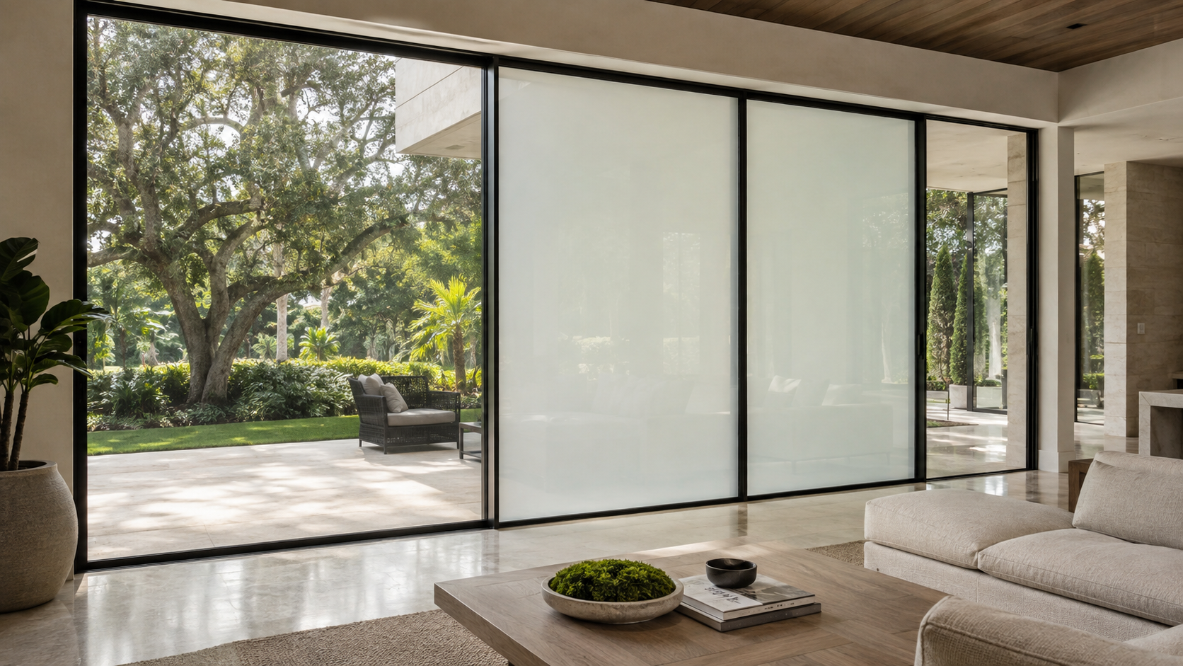 Switchable smart film providing privacy on glass windows in a luxury Baton Rouge home.