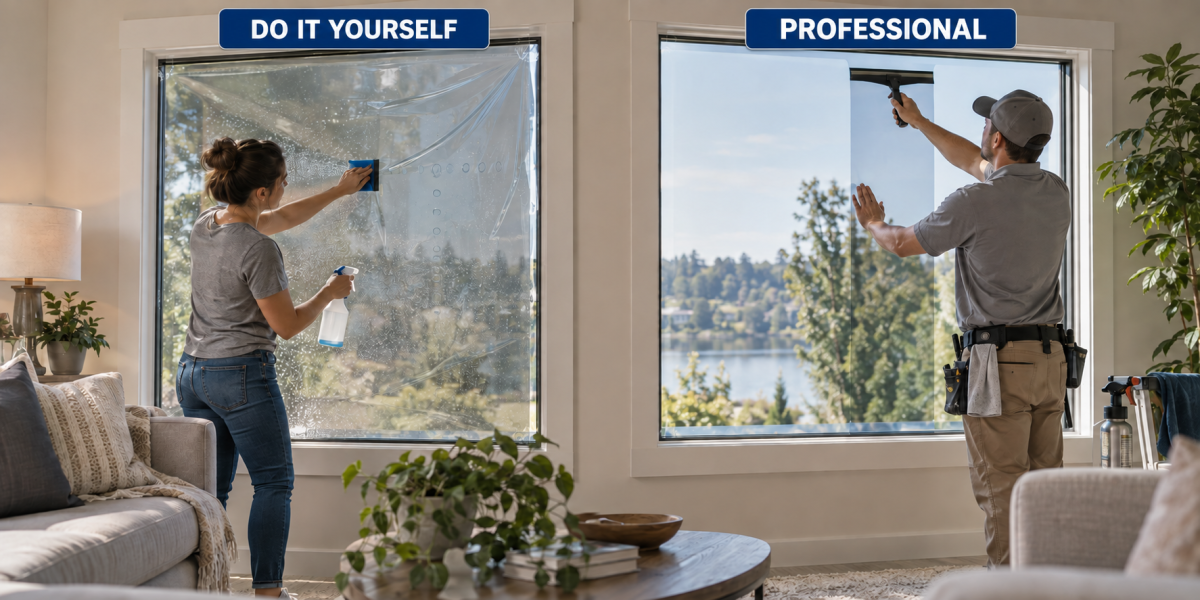DIY window film installation with visible bubbles compared to a smooth professional installation