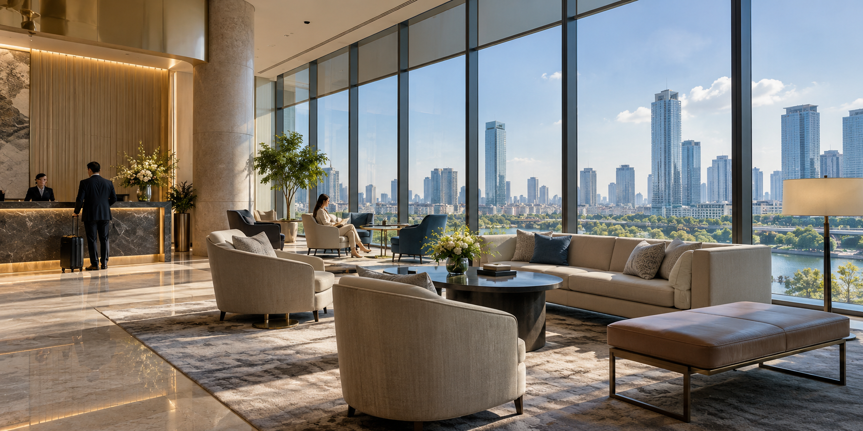 Hotel lobby with professionally installed window film on floor-to-ceiling windows for glare reduction, UV protection, and guest comfort.