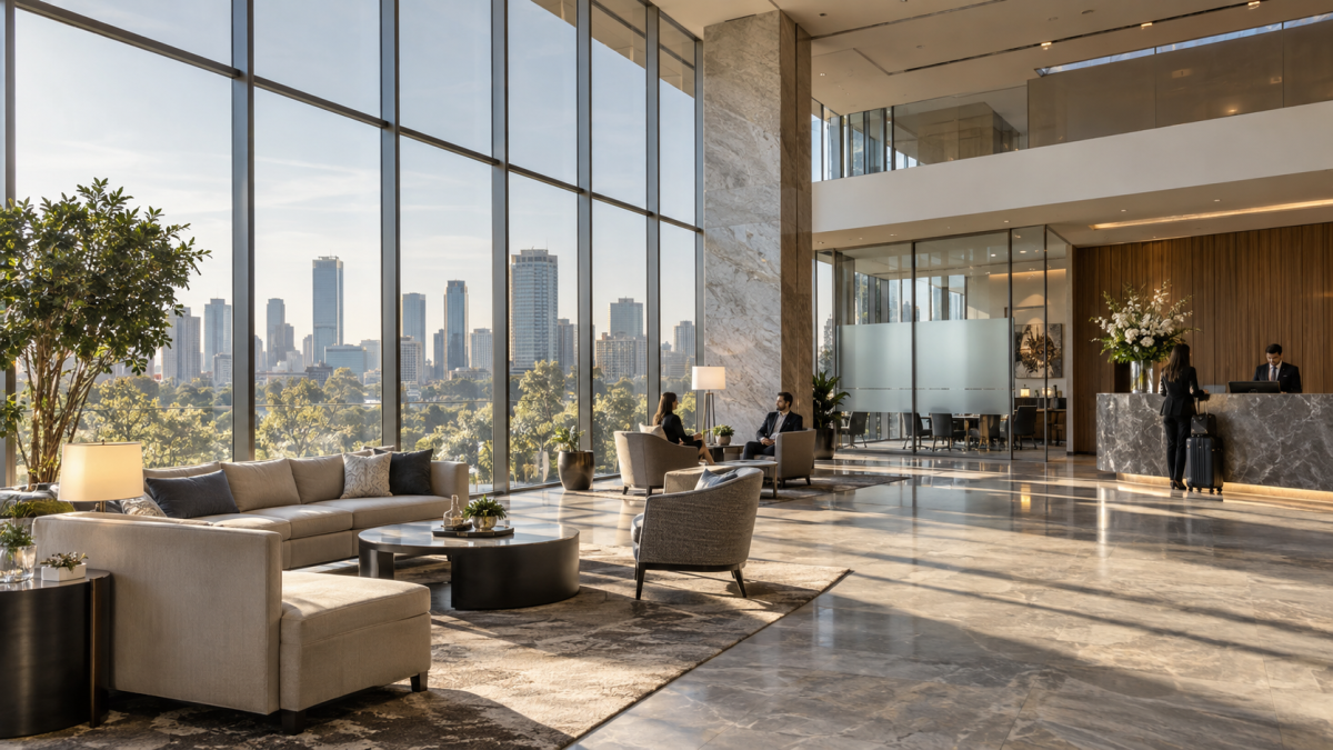 Hotel lobby with professionally installed window film reducing glare while maintaining clear city views and privacy