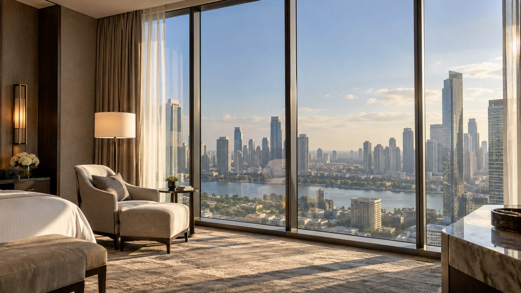 Luxury hotel room with floor-to-ceiling windows fitted with solar control window film overlooking a city skyline.