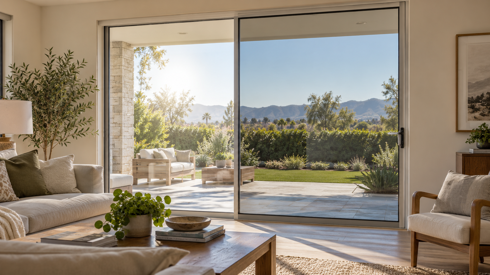 Modern living room with solar window film installed on a large sliding glass door to reduce glare and heat.
