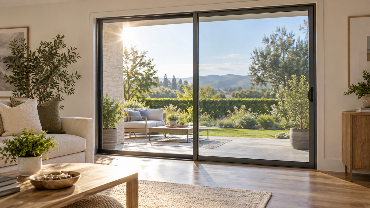 Modern sliding glass door with clear solar window film reducing glare while preserving the outdoor view