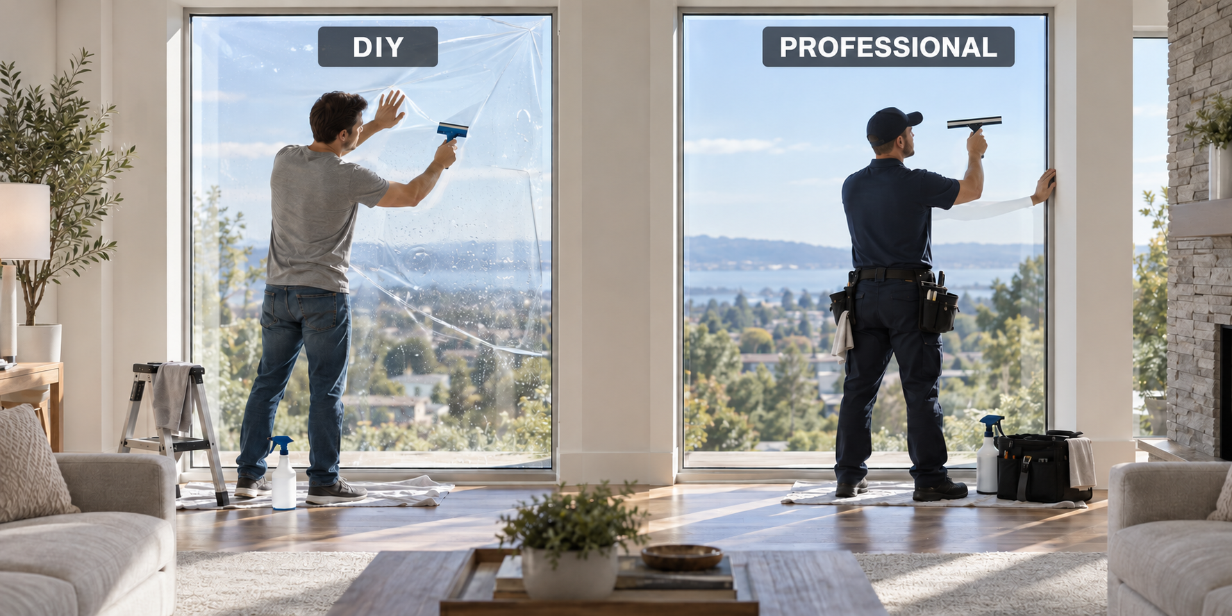 Side-by-side comparison of a DIY window film application with wrinkles and a professional installation with a smooth finish