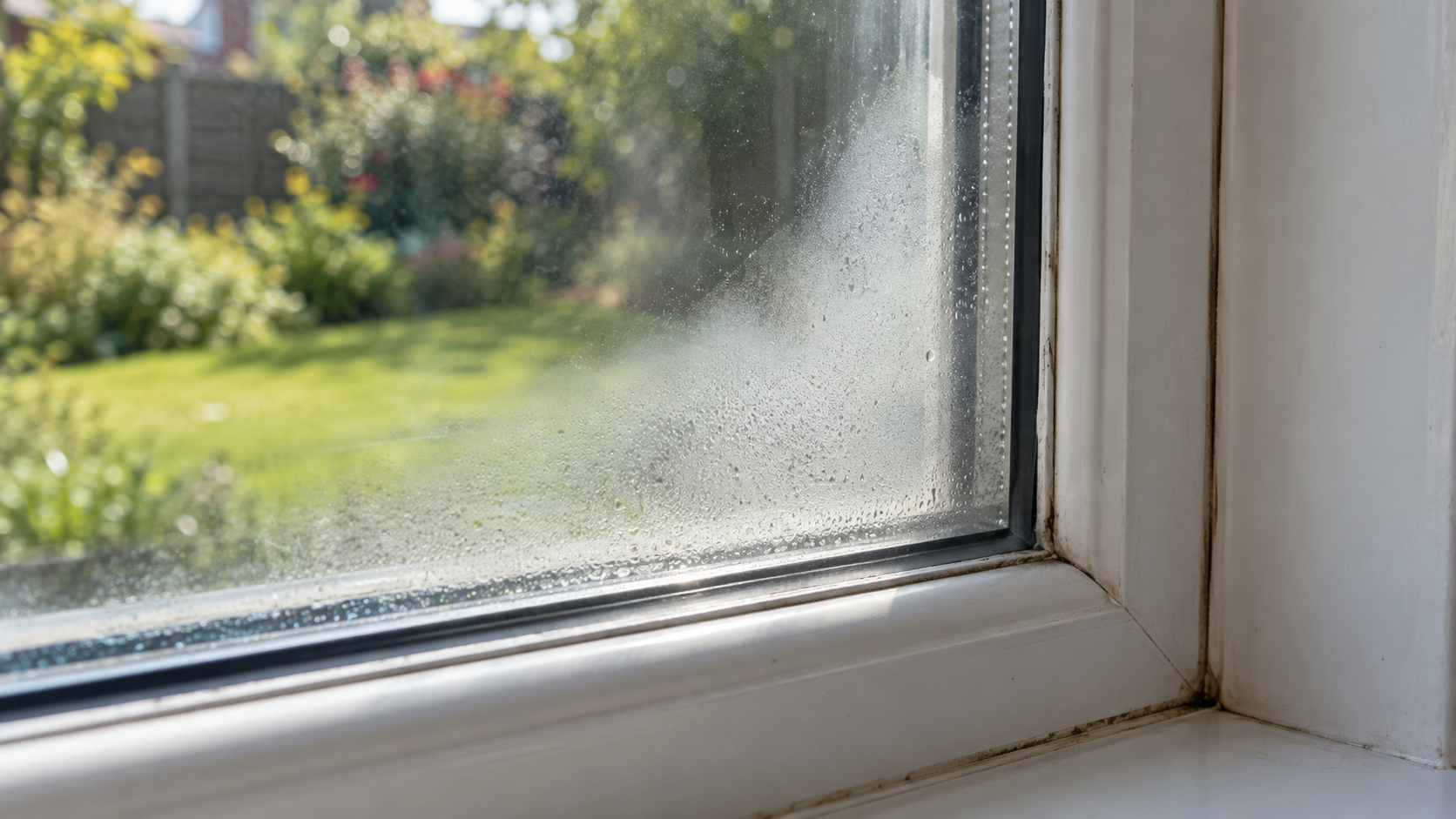 Close-up of condensation between panes of an older double-pane window