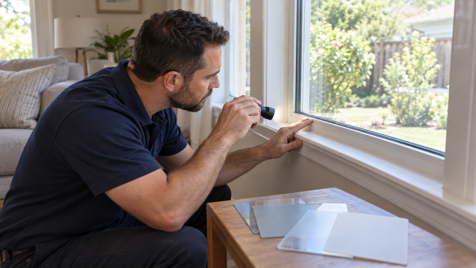 Installer inspecting a residential window before privacy film installation