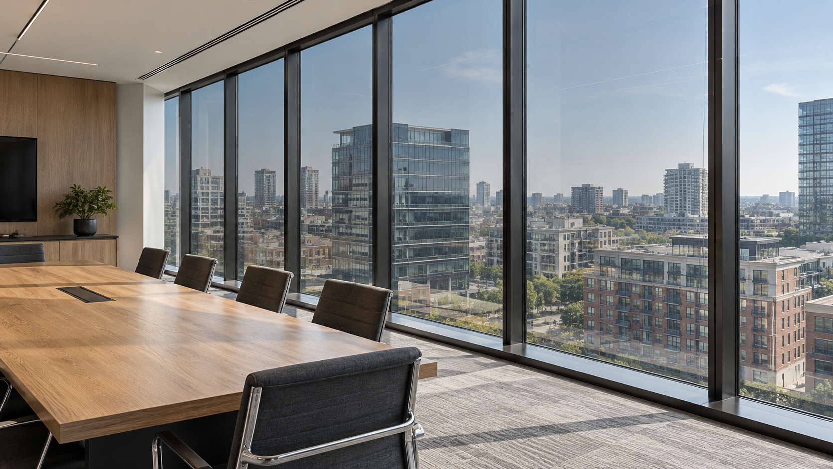 Office conference room with tinted windows overlooking city buildings
