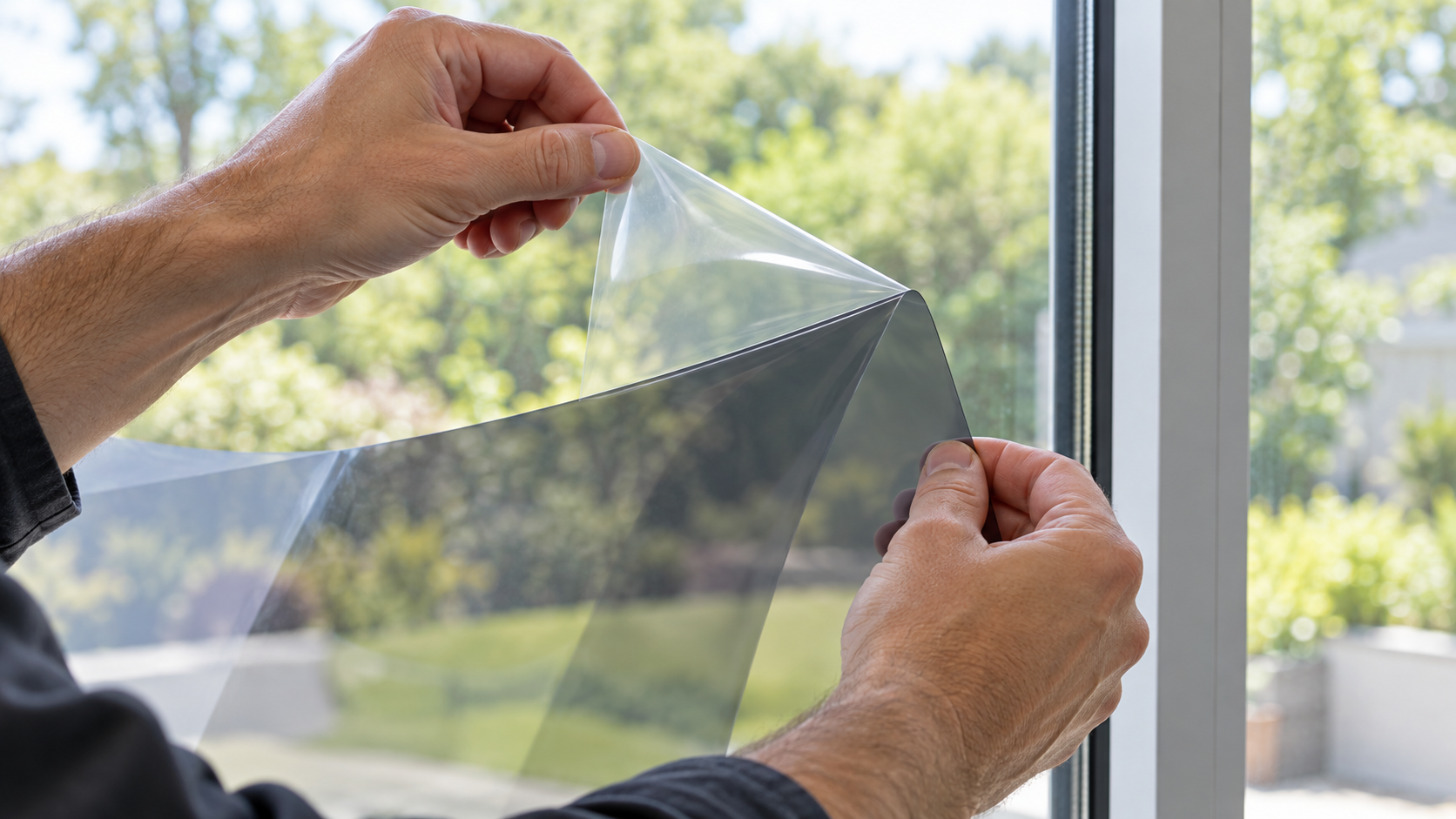 Installer peeling the clear protective liner from window tint before installation