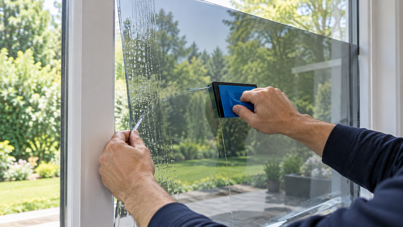 Installer applying window tint film to residential glass with a squeegee