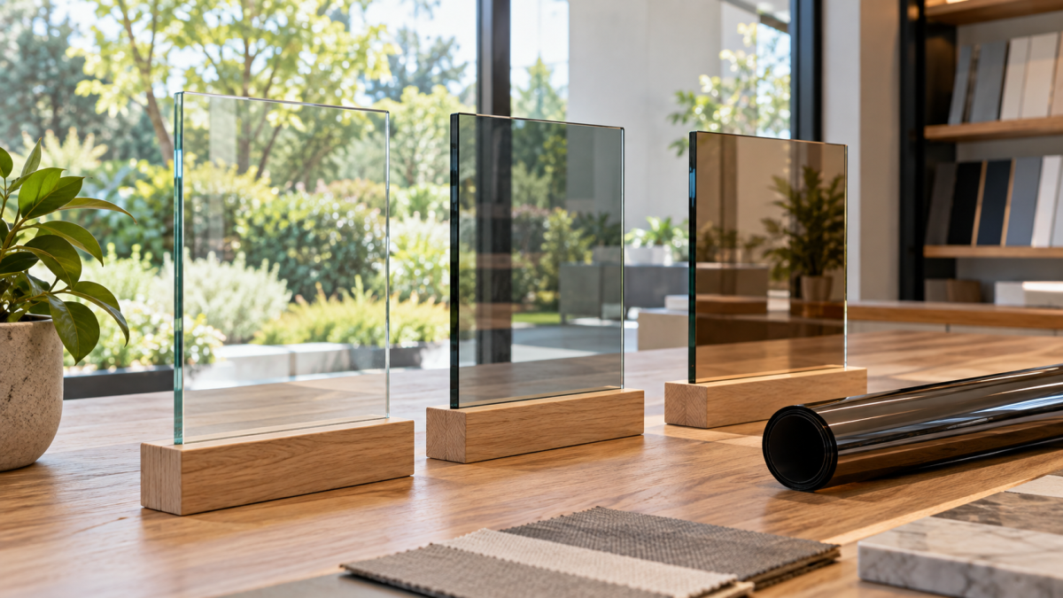Clear, gray and bronze window tint samples displayed on a showroom table