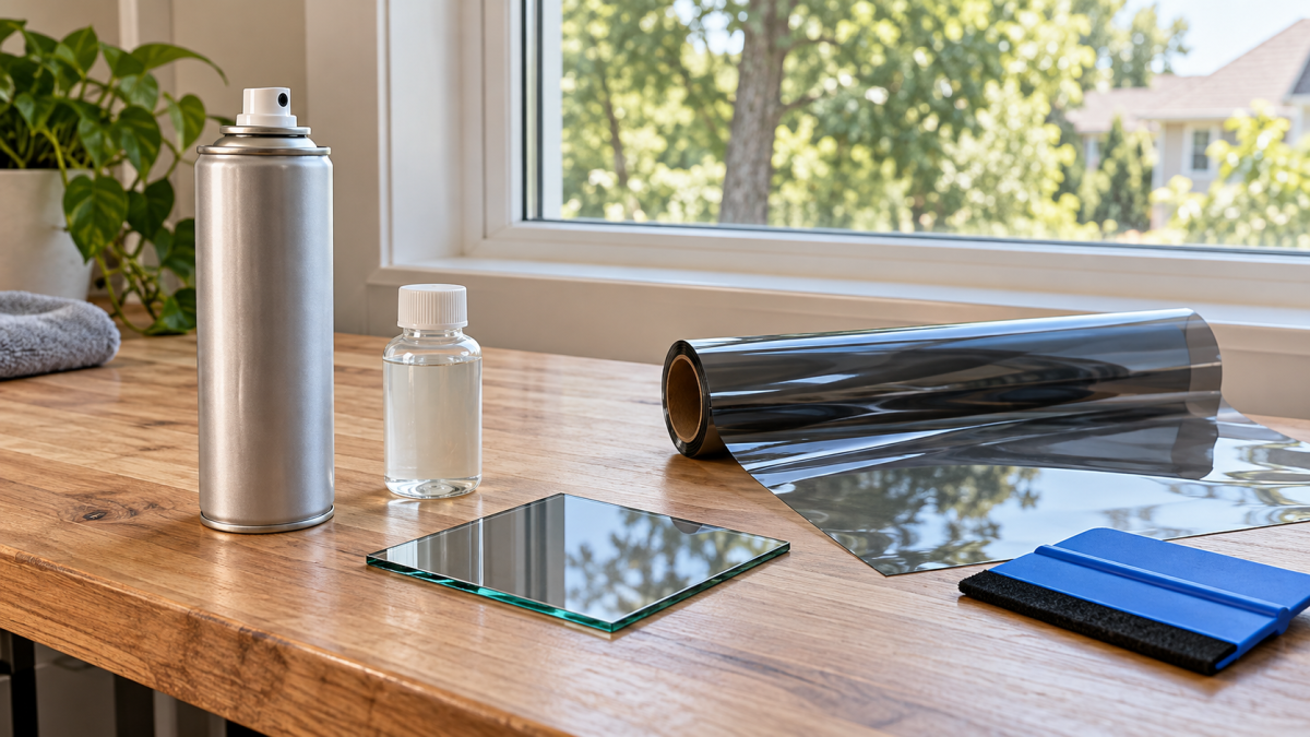 Unbranded spray can and liquid bottle beside a window tint film roll and installation tools