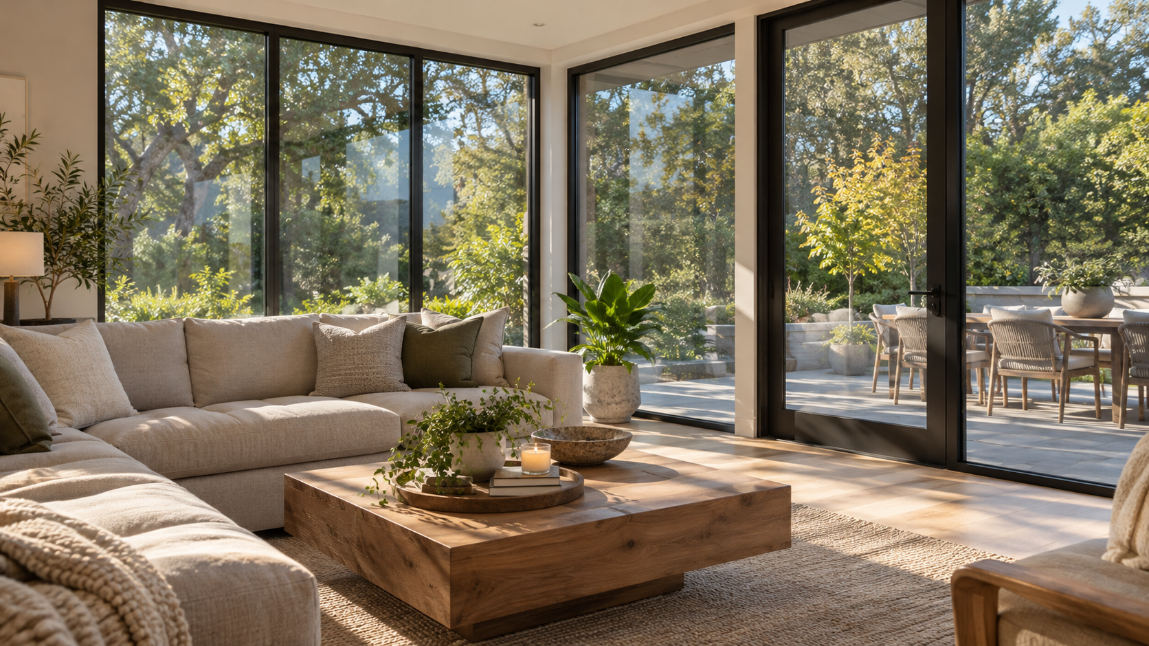 Modern living room with tinted windows overlooking a garden