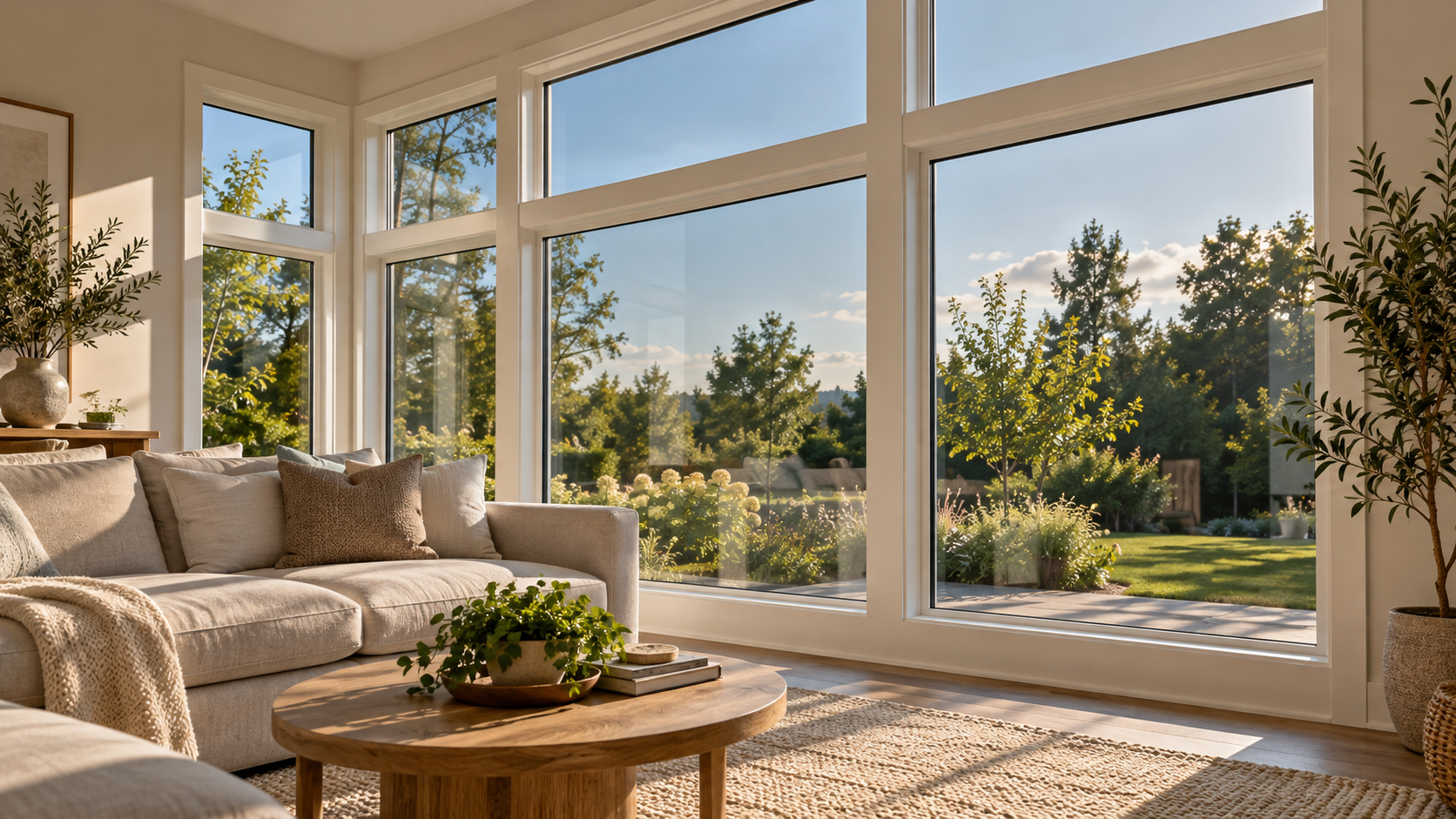 Sunlit living room with evenly tinted windows overlooking a garden