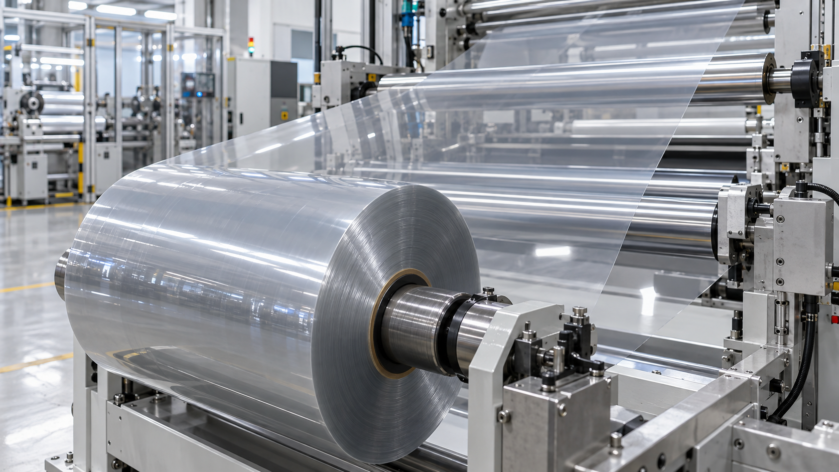 Transparent polyester film passing through rollers in a manufacturing facility